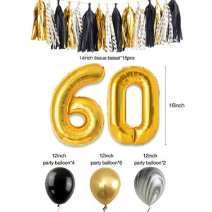 60th Gold Black Birthday Party Decoration Kit balloon tassel