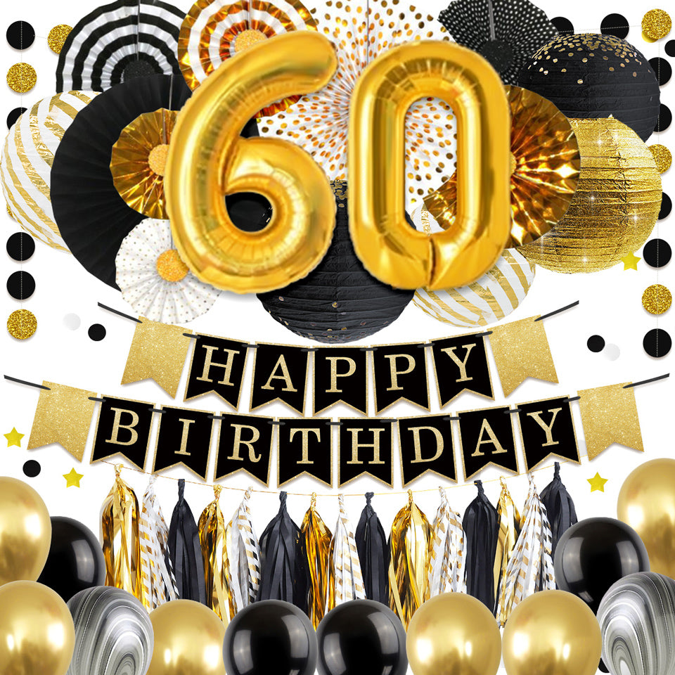 60th Gold Black Birthday Party Decoration Kit