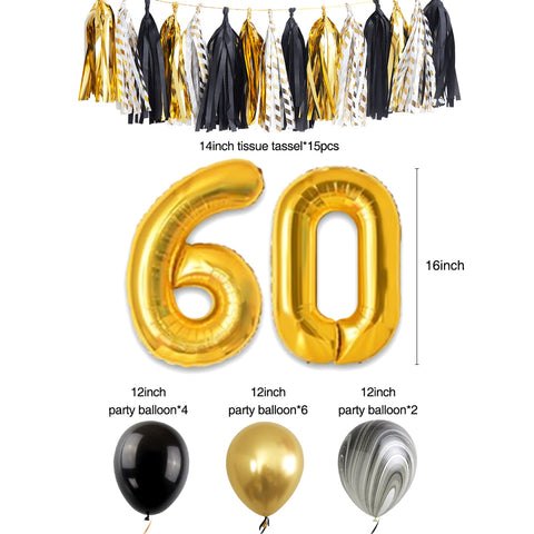 Image of 60th Gold Black Birthday Party Decoration Kit balloon tassel
