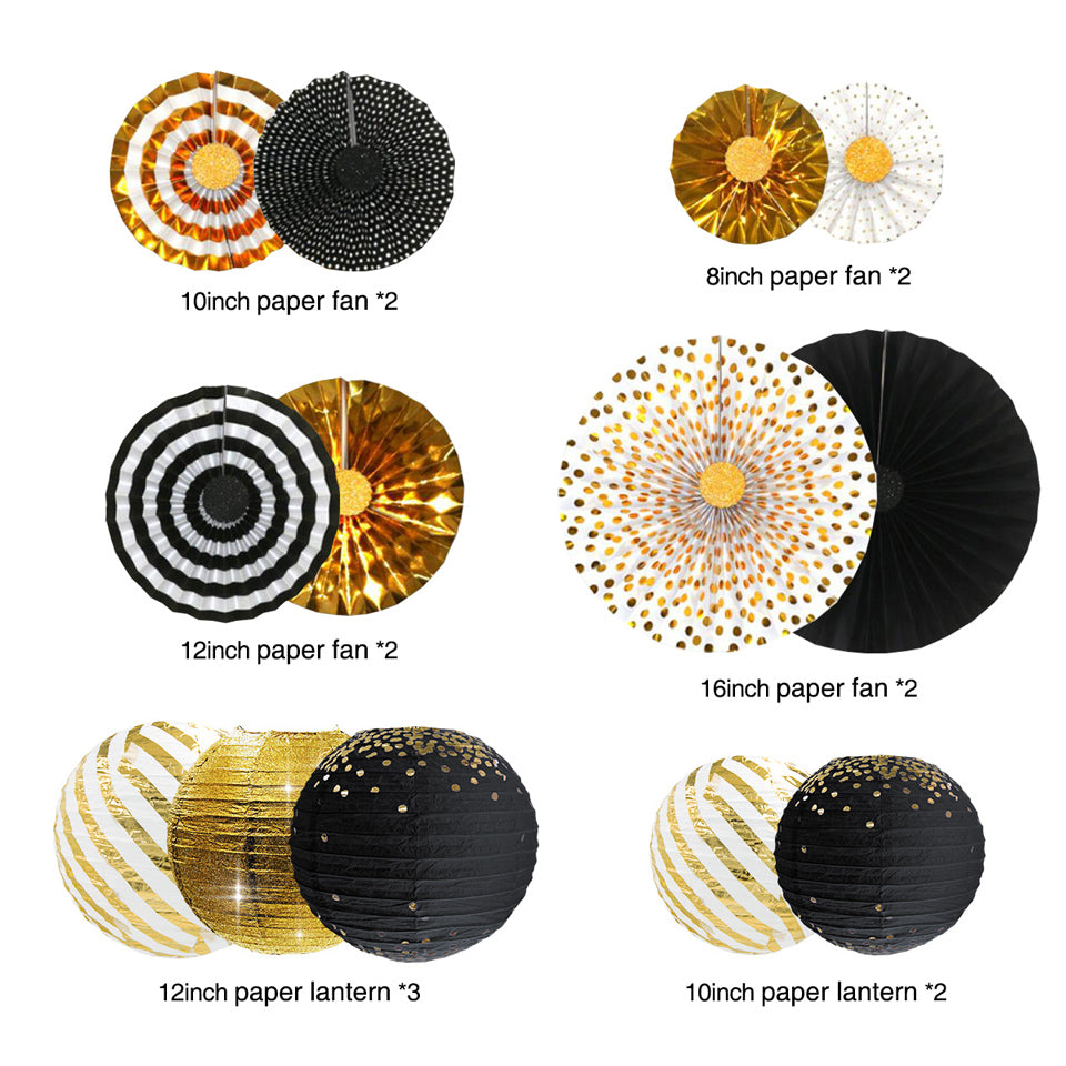 60th Gold Black Birthday Party Decoration Kit lantern fans