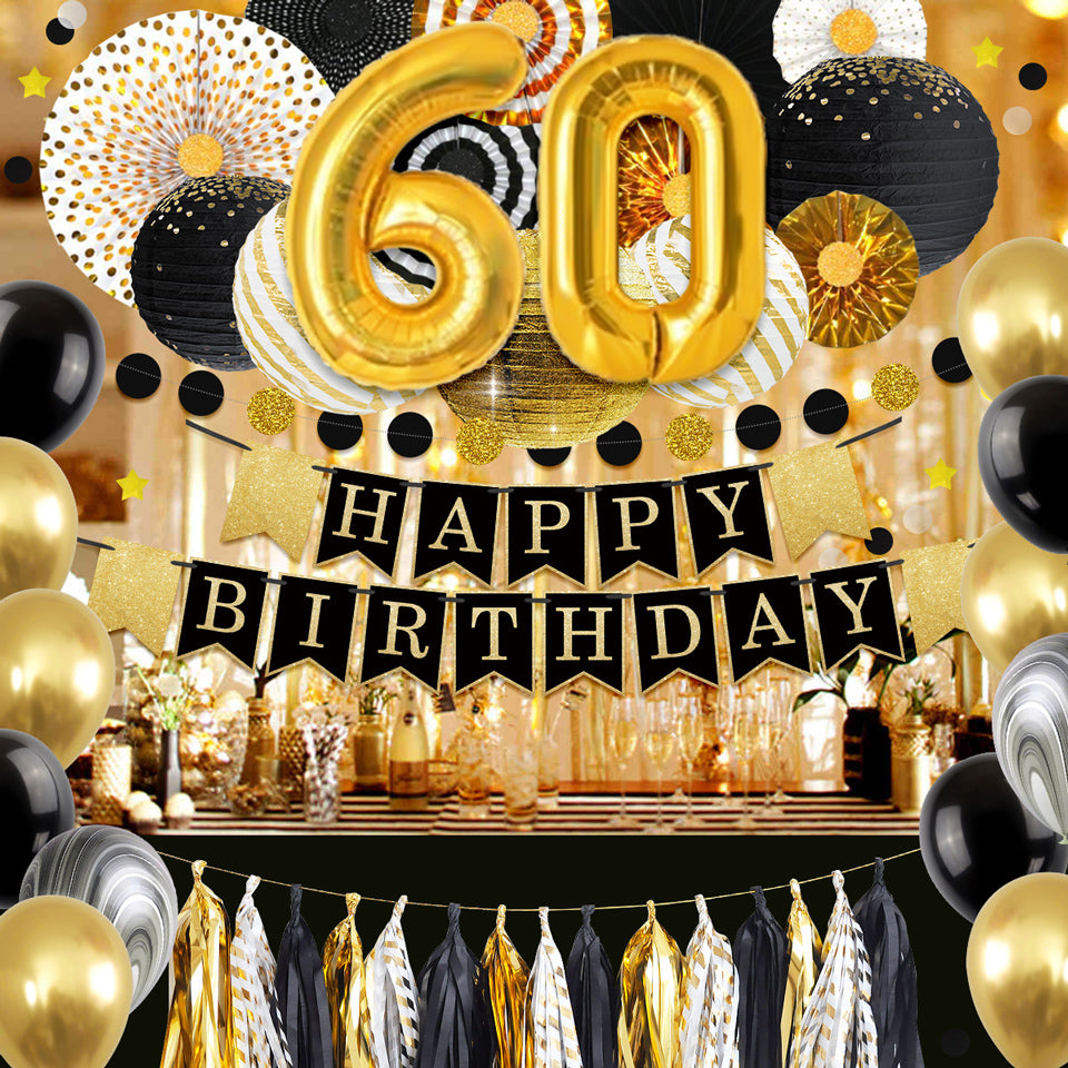 60th Gold Black Birthday Party Decoration Kit