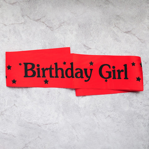 Image of birthday girl sash party decoration red black