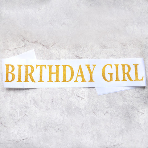 Image of birthday girl sash party decoration white gold